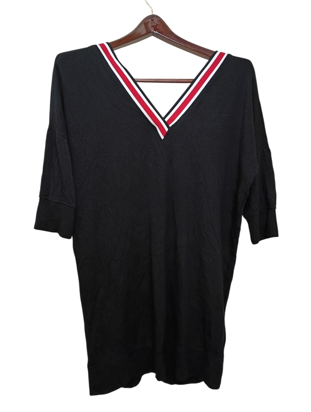 v neck tunic black red white 3/4 sleeve top striped shirt casual size medium